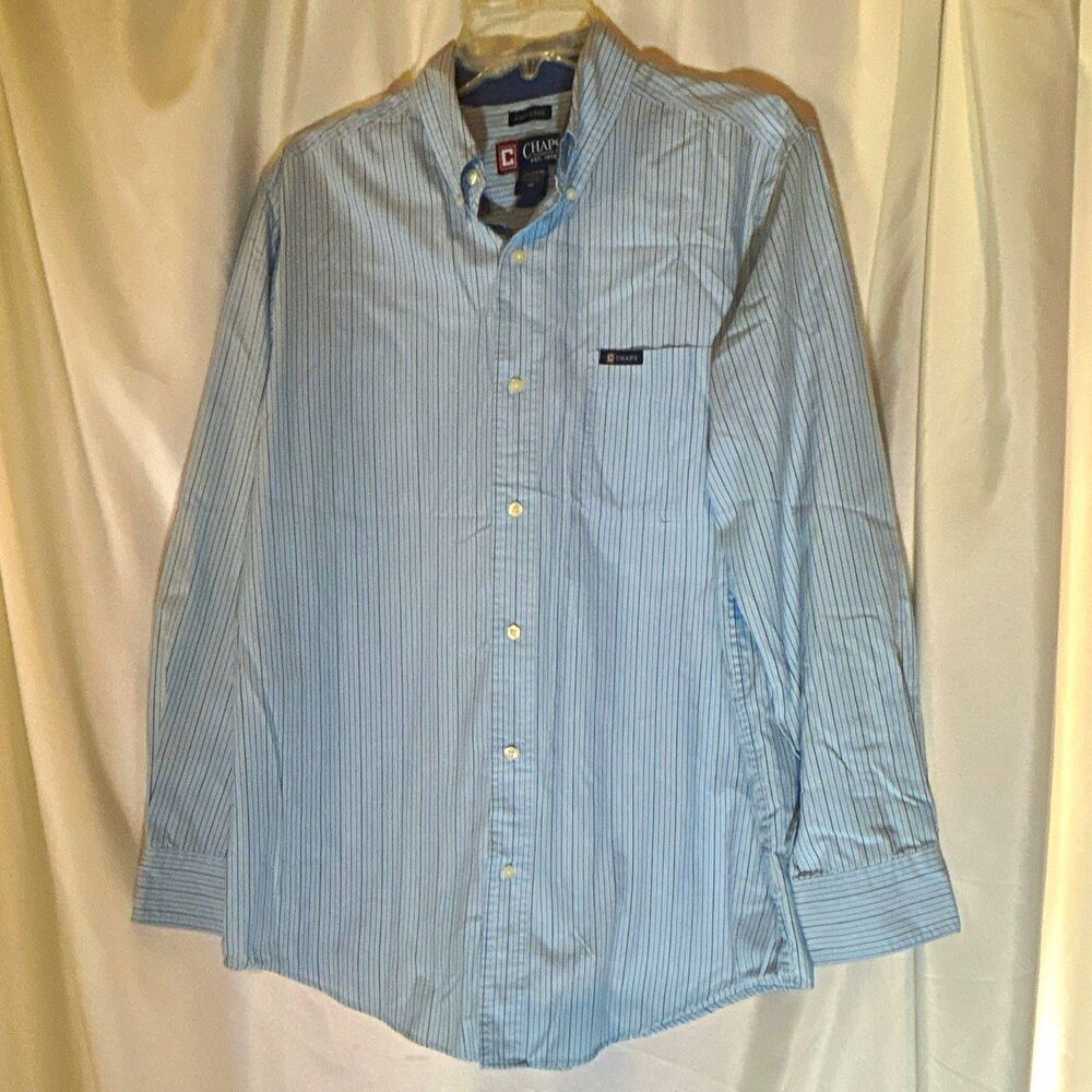 Chaps Easy Care Men's M Blue/White Striped Button-Down Long Sleeve Dress Shirt